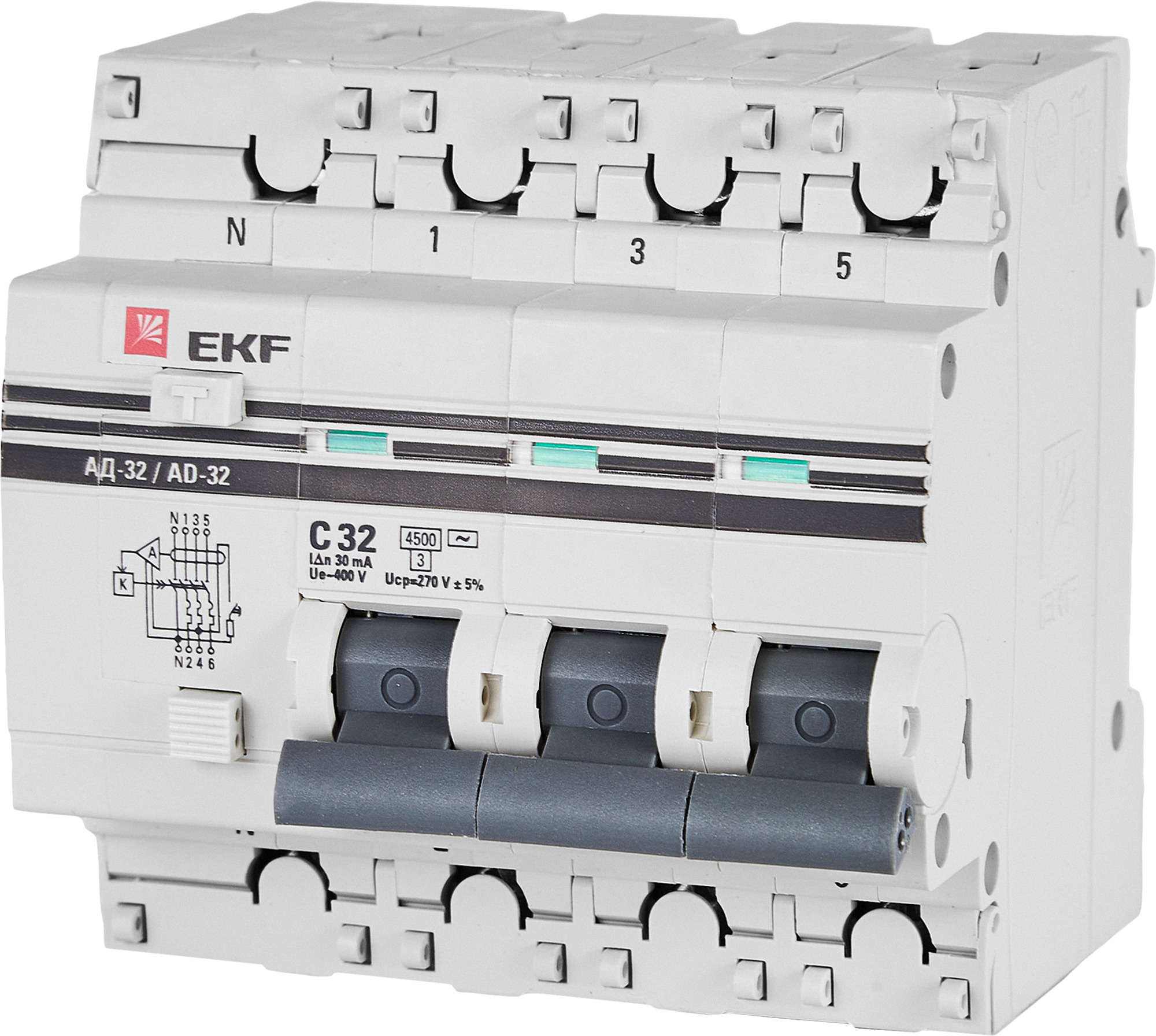 Дифференциальный автомат EKF АД-32 3P N C32 А 30 мА 4.5 кА АС